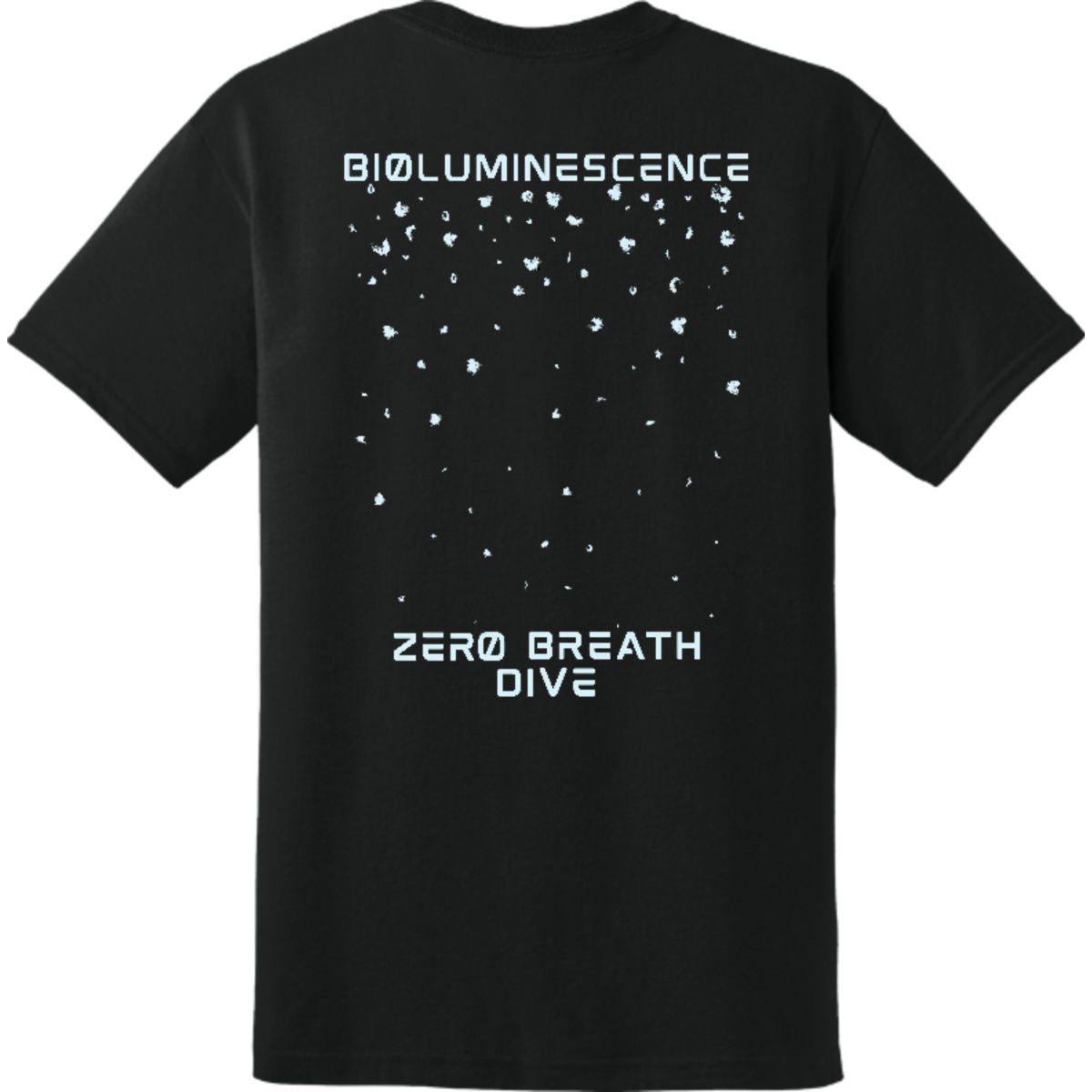 Back of Dive Shirt with Bioluminescence image and Dive text - Black T-Shirt - Zero Breath Clothing