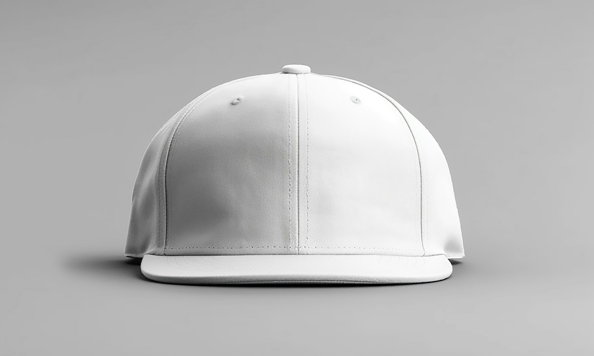 White six panel baseball hat on gray background