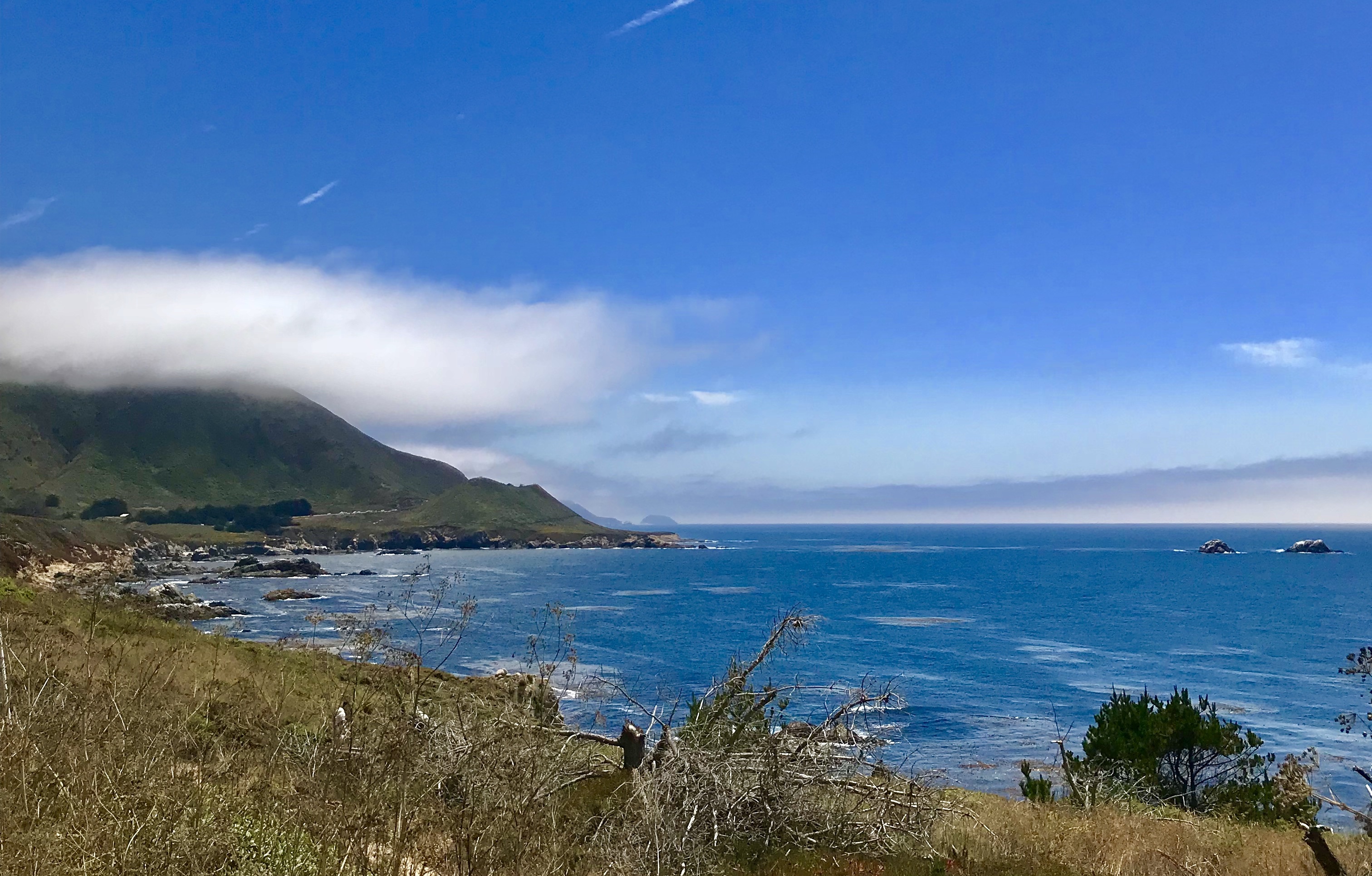 Photo of curving shore cliffs, ocean water, blue sky